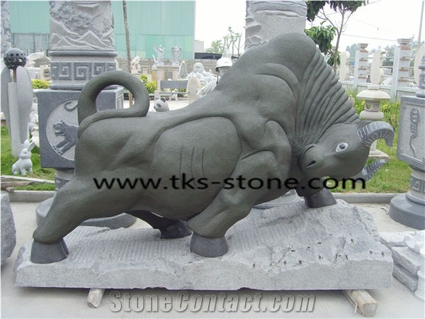 Stone Fighting Bull Caving,Fighting Cattle Sculptures,Cow Statues,Green Granite Animal Sculptures,Landscape Sculptures,Garden Sculptures