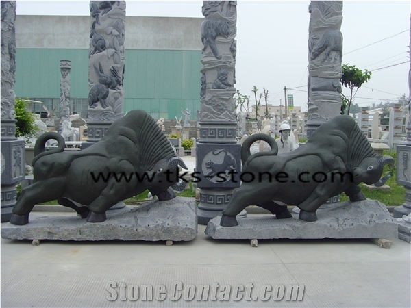 Stone Fighting Bull Caving,Fighting Cattle Sculptures,Cow Statues,Green Granite Animal Sculptures,Landscape Sculptures,Garden Sculptures