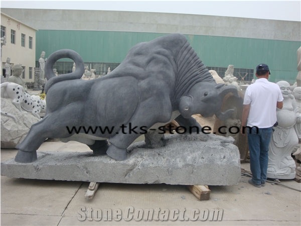 Stone Fighting Bull Caving,Fighting Cattle Sculptures,Cow Statues,Green Granite Animal Sculptures,Landscape Sculptures,Garden Sculptures
