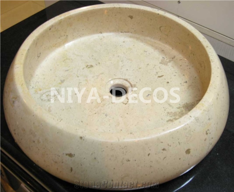 China Beige Limestone,Botticino Limestone/Coral Stone Round Shaped Basins,Bathroom Sinks
