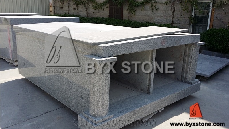 Grey Granite Two Crypts Mausoleum with Roman Column