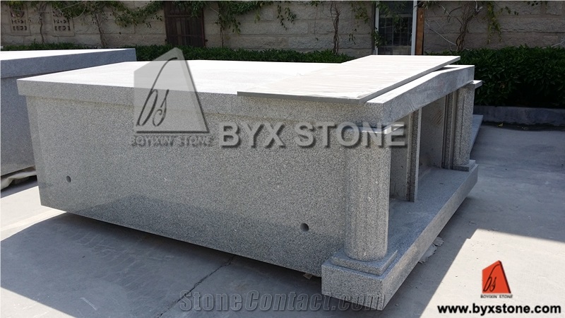 Grey Granite Two Crypts Mausoleum with Roman Column