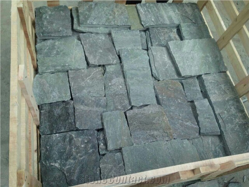 Forest Green Slate Cube Stone Thin Veneer Stone, Wall Cladding Stone