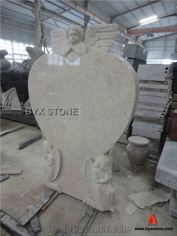 China Beige Granite Adorable European Monument with Carved Angel, Beige Granite Monument & Tombstone