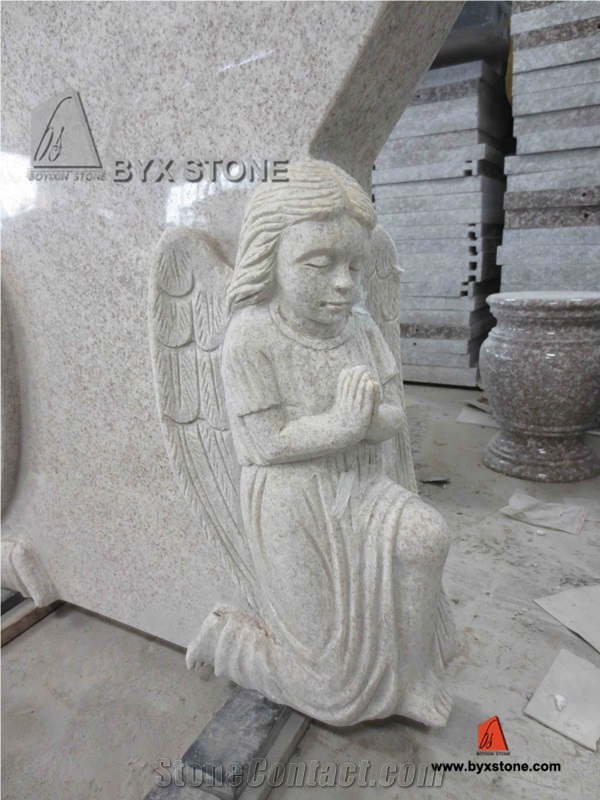 China Beige Granite Adorable European Monument with Carved Angel, Beige Granite Monument & Tombstone