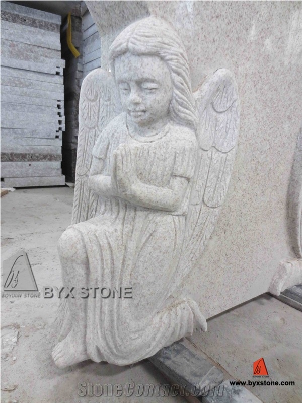 China Beige Granite Adorable European Monument with Carved Angel, Beige Granite Monument & Tombstone