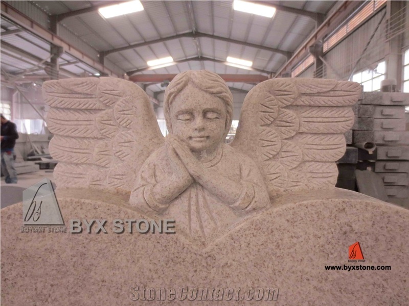 China Beige Granite Adorable European Monument with Carved Angel, Beige Granite Monument & Tombstone