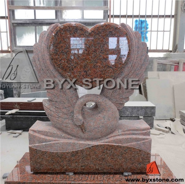 European Maple Red Memorial Tombstone / Headstone with Swan