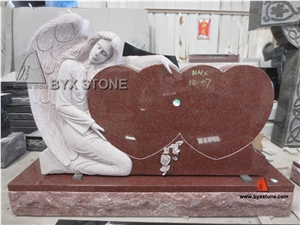 Single Angel and Double Hearts Granite Memorials Headstone, Red Granite Monument & Tombstone