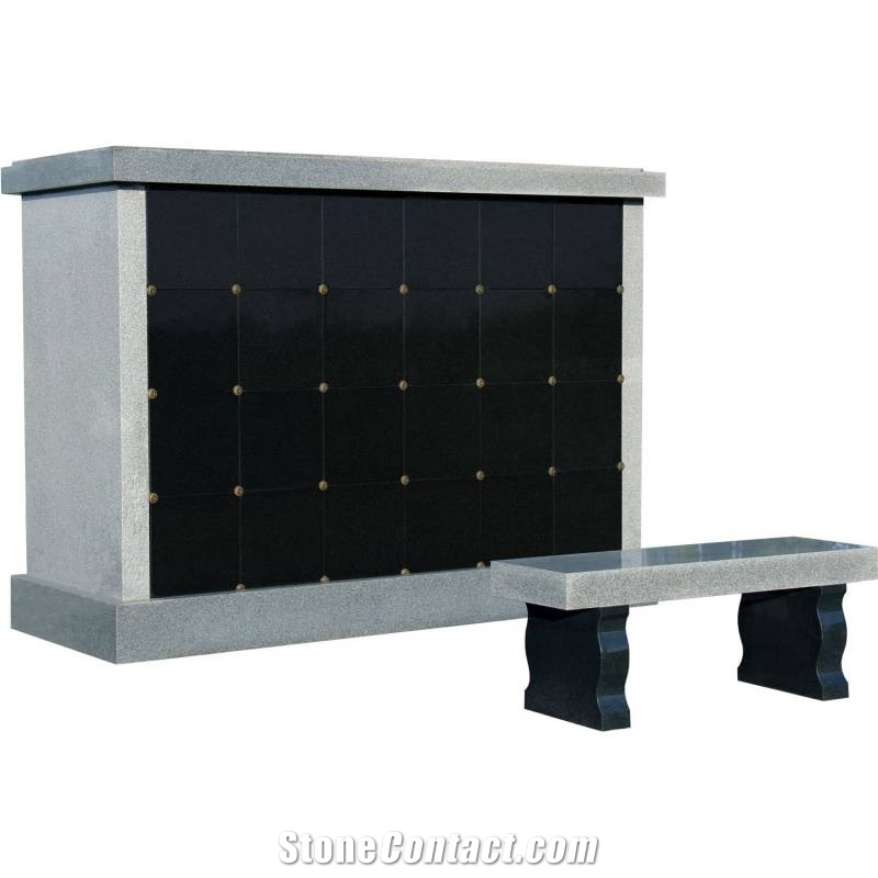 24 Niche China G603 Grey Granite Columbarium Unit and Matching Black and Gray Granite Bench