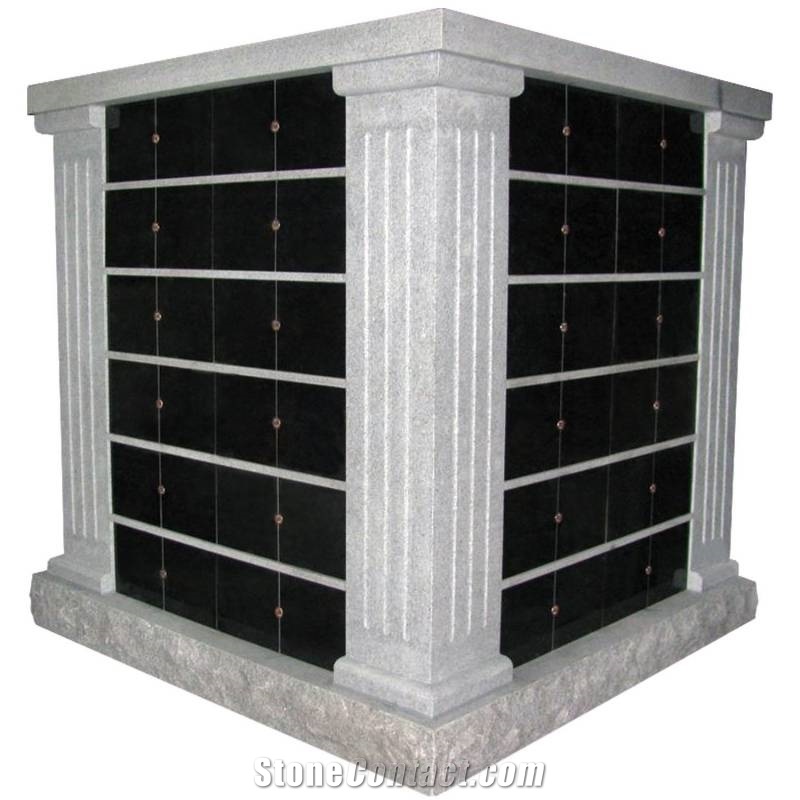 China G603 Grey Granite Roman Style Pillars Gray and Black 4-Sided, 96 Niche Granite Columbarium Unit with Black Granite Niches