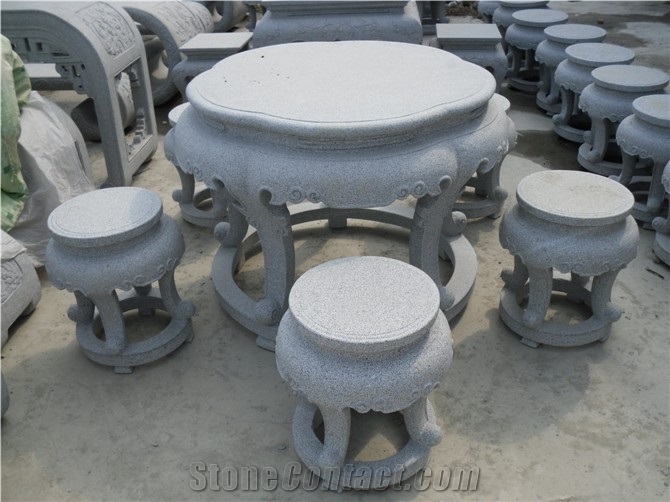 China White Granite Backyard Table, White Granite Bench & Table