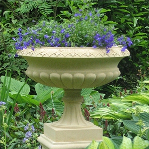 Garden Stone Vase on Pedestal Flower Planter Pots, Beige Marble Planter Pots
