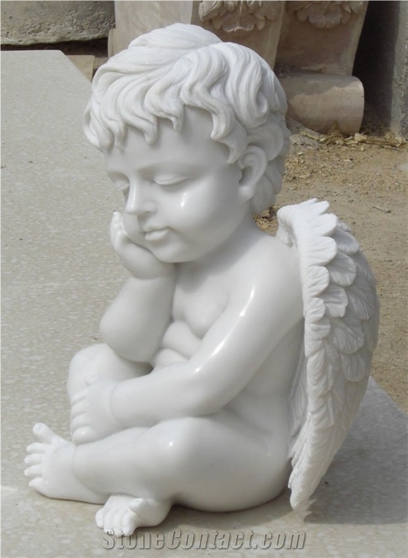 Guangxi White Marble Sculpture Handcarved Cherub Angel Sculptures Angel Child Statues