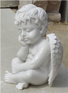 Guangxi White Marble Sculpture Handcarved Cherub Angel Sculptures Angel Child Statues