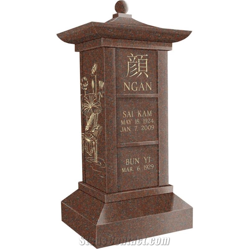 Imperial Red Granite Columbarium, Vertical Family Post-Style Granite Pillar Columbarium for the Cremated Remains Of up to Three Individuals