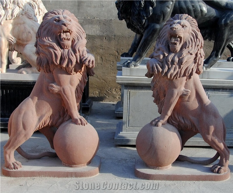 Red Sandstone Lion Carving Statues, Lions Sculptures