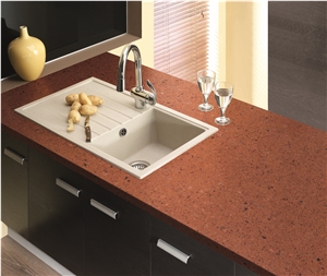 Red Artificial Quartz Countertop, Man Made Quartz Countertop, Quartz Vanity Top