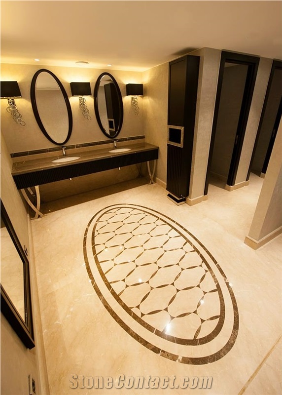 Botticino Royal Marble and Adiyaman Crystal Emperador Marble Hotel Bathroom Design, Beige Marble Turkey Bath Design