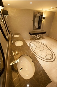 Botticino Royal Marble and Adiyaman Crystal Emperador Marble Hotel Bathroom Design, Beige Marble Turkey Bath Design