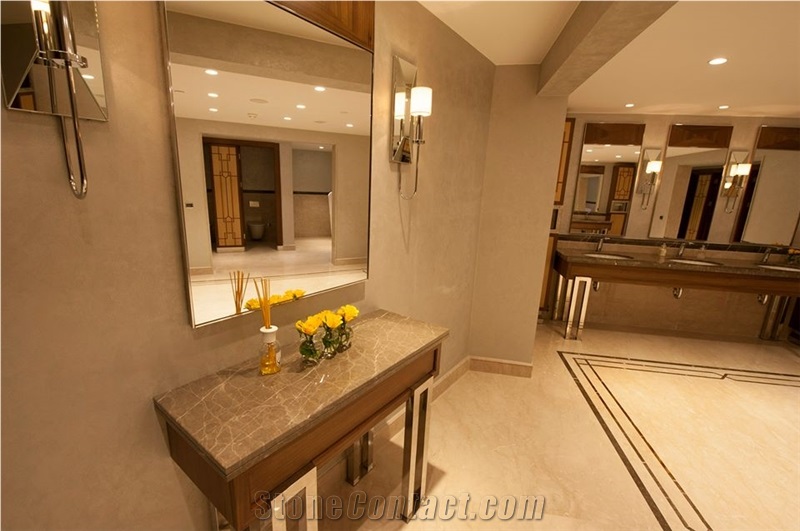 Botticino Royal Marble and Adiyaman Crystal Emperador Marble Hotel Bathroom Design, Beige Marble Turkey Bath Design