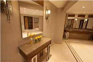 Botticino Royal Marble and Adiyaman Crystal Emperador Marble Hotel Bathroom Design, Beige Marble Turkey Bath Design
