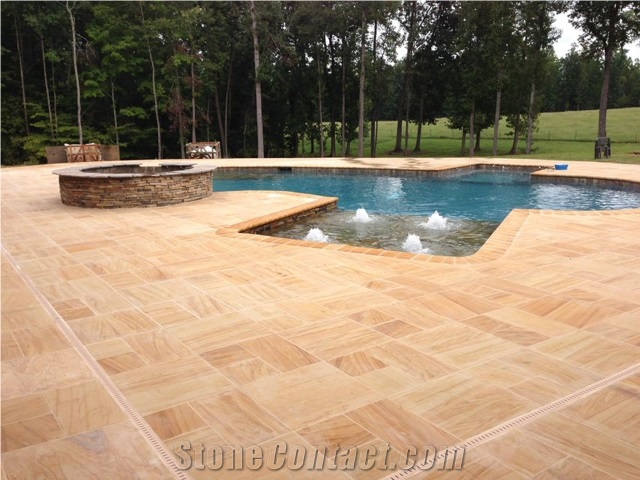Teak Wood Sandstone Swimming Pool Terrace, Yellow Sandstone India for Pool Coping