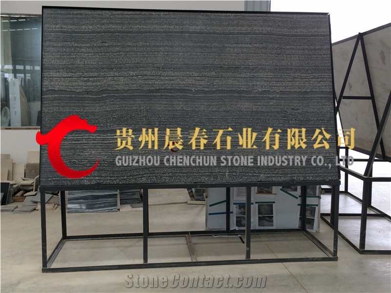 Black Wood Vein Marble Slabs & Tiles, with Acid-Washed Surface, China Black Wooden Grain Marble