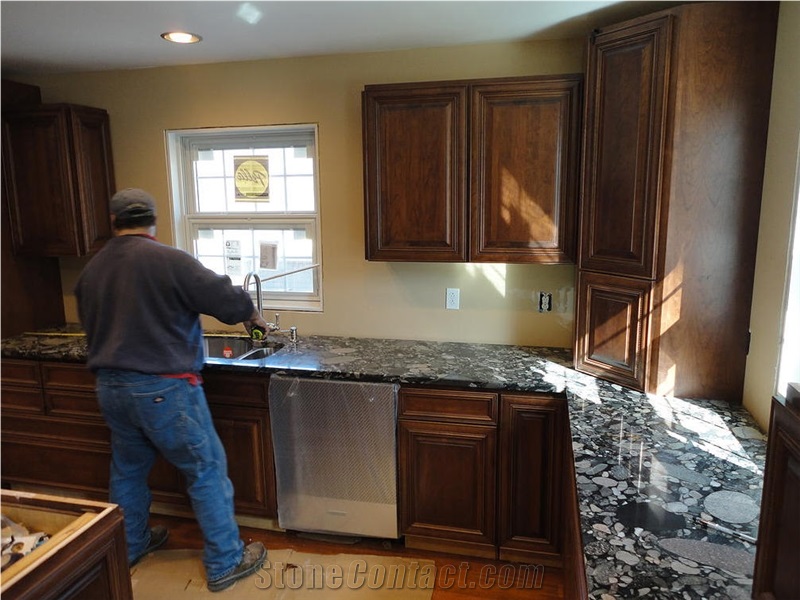 Install Of Black Marinace Granite Kitchen Perimeter Countertop Brazil