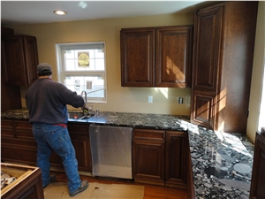 Install Of Black Marinace Granite Kitchen Perimeter Countertop Brazil