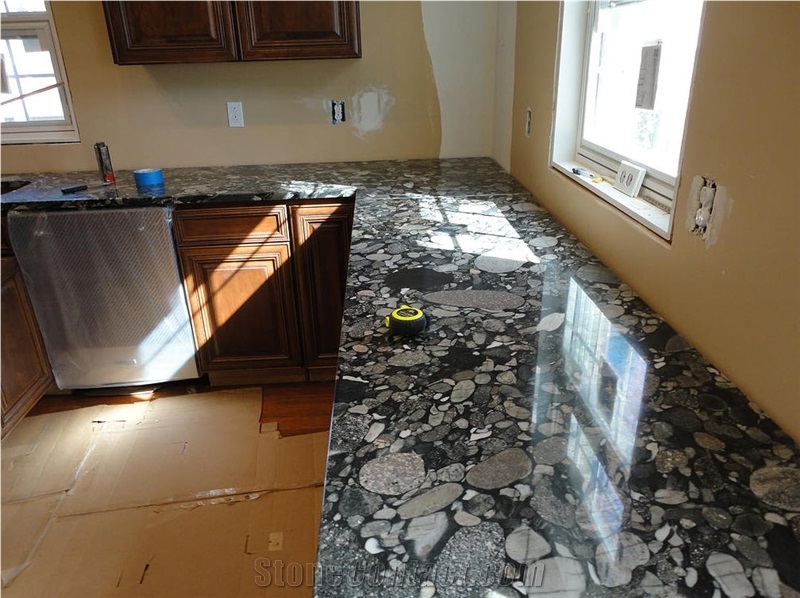 Install Of Black Marinace Granite Kitchen Perimeter Countertop Brazil