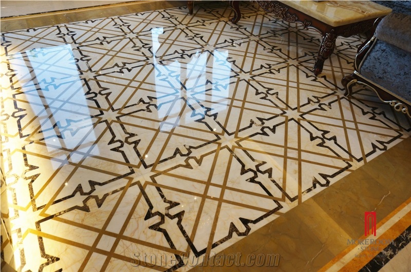 Interior Water Jet Composite Beige Marble Carpet Flooring Medallion