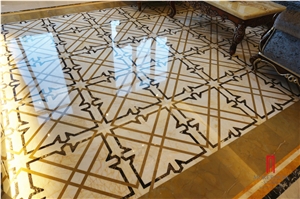 Interior Water Jet Composite Beige Marble Carpet Flooring Medallion