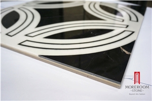 White Black Round Waterjet Medallion Marble Tile