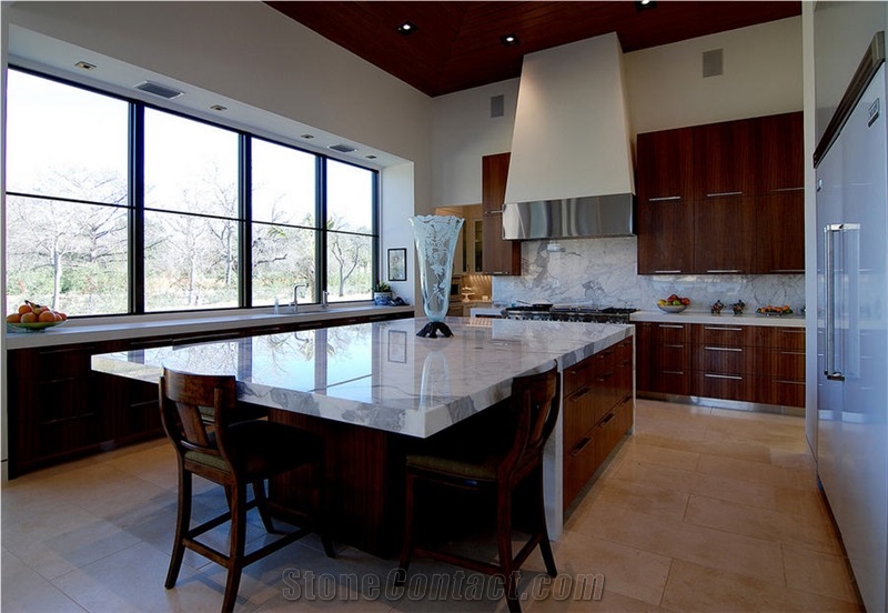 Blizzard Caesarstone Perimeter Counters, Statuary Polished Marble Island Counters
