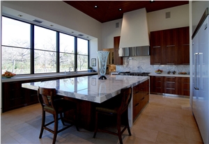 Blizzard Caesarstone Perimeter Counters, Statuary Polished Marble Island Counters