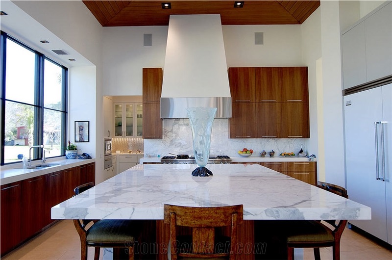 Blizzard Caesarstone Perimeter Counters, Statuary Polished Marble Island Counters