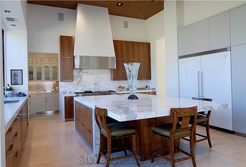 Blizzard Caesarstone Perimeter Counters, Statuary Polished Marble Island Counters