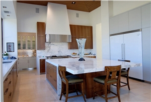 Blizzard Caesarstone Perimeter Counters, Statuary Polished Marble Island Counters