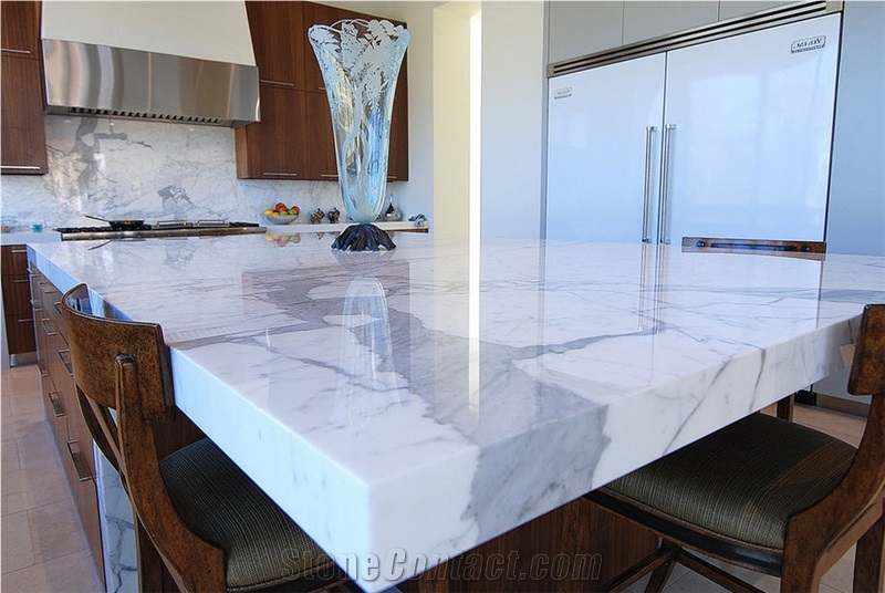 Blizzard Caesarstone Perimeter Counters, Statuary Polished Marble Island Counters