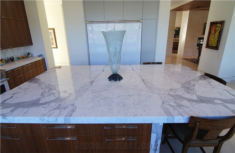 Blizzard Caesarstone Perimeter Counters, Statuary Polished Marble Island Counters