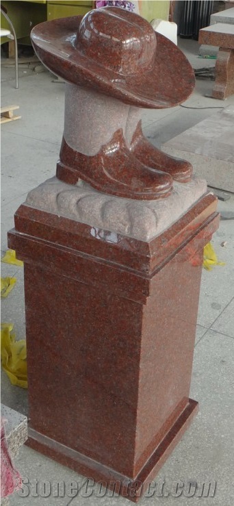 Ruby Red Granite Cowboy Hat with Boots Pedestal Headstone