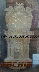 Sculptured Clock Shape Wall Mounted Fountains, White Marble Wall Mounted Fountains