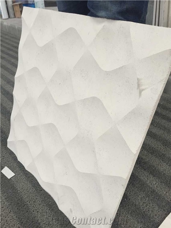 White Limestone 3d Cnc Seawave Art Carving Wall Panel Tiles
