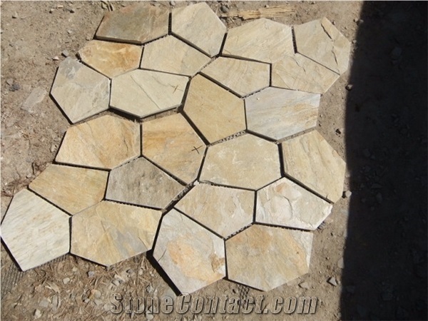 China Popular Cheap Yellow Irregular Crazy Paving Flagstone for Walkway, Road Paving Stone, Driveway, Natural Paving Stone Decoration for Garden, House Exterior Wall, Quarry Owner