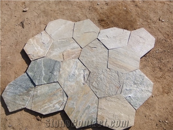 China Popular Cheap Yellow Irregular Crazy Paving Flagstone for Walkway, Road Paving Stone, Driveway, Natural Paving Stone Decoration for Garden, House Exterior Wall, Quarry Owner