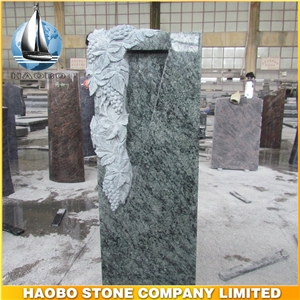 Olive Green Granite Carved Flower Gravestone, Monument