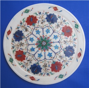 Marble Inlay Plate Marquetry Flower Semi Precious Stone Plate