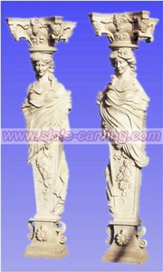 China Beige Marble Column, Sculptured Pillar with Human Statue
