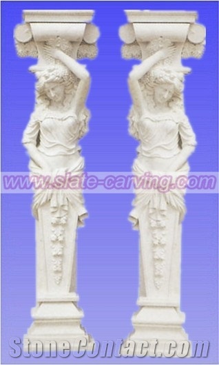 China White Marble Column, Sculptured Pillar with Human Statue for Garden